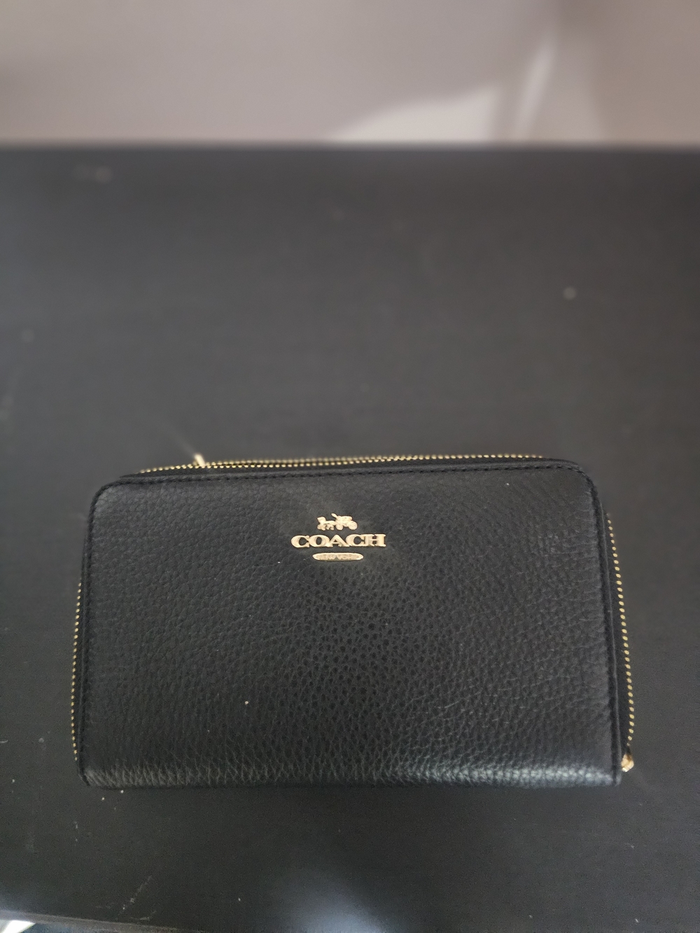 NWT COACH Black Leather Zip Wallet with Gold Logo